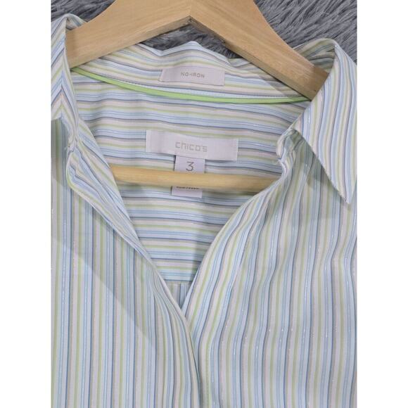 Chico's Size 3 Women's Green Metallic Striped Button Up Shirt Size XL No- Iron - Picture 4 of 7